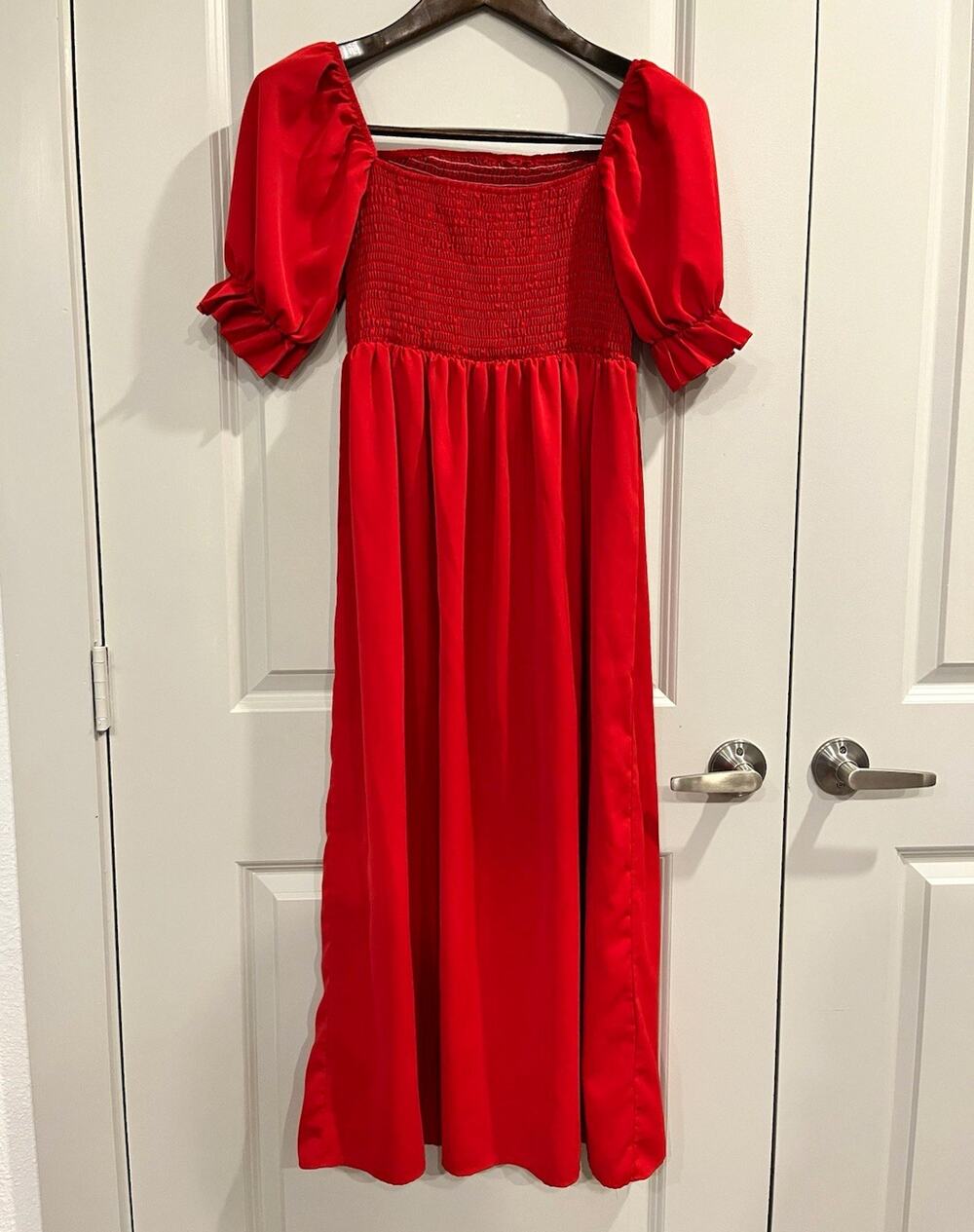 Red Smocked Square Neck Puff Short Sleeve Ruffle Solid Midi Dress Women M 0001